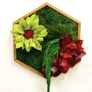 Mosschilderij Hexagon met Mos Bloemen en Planten